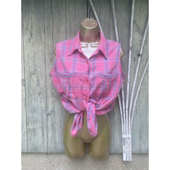Size L//Vintage 90s Pink Faded Glory Sleeveless Plaid Button Up - Picture 1 of 7